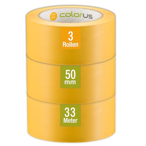 Colorus PVC Putzband PLUS – 3x Abklebeband gelb gerillt – 50 mm × 33 m – UV-beständig, für glatte & leicht raue Untergründe – Innen & Außen von Colorus