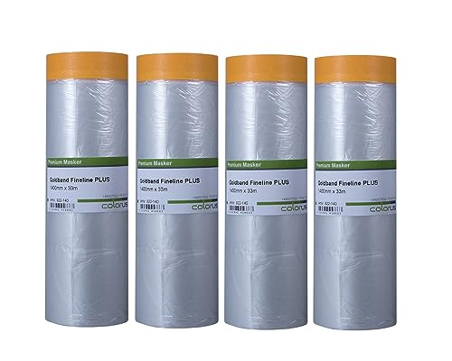 Colorus 4 x Goldband Masker 140cm x 33m (132m) Abdeckfolie mit Klebeband | Malerfolie mit Klebeband | Gold Klebeband mit Folie | Malerband mit Abdeck Folie | UV-beständiger Acrylat Kleber von Colorus