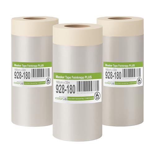 Colorus Masker Tape PLUS – 3 Rollen 180 cm x 33 m – Maler Abdeckfolie mit Feinkrepp Klebeband | HDPE Folie selbsthaftend | Malerband Innenbereich von Colorus