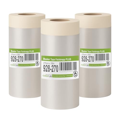 Colorus Masker Tape PLUS – 3 Rollen 270 cm x 16 m – Abdeckfolie mit Feinkrepp Klebeband | HDPE Folie selbsthaftend | Malerband für großflächiges Abkleben von Colorus