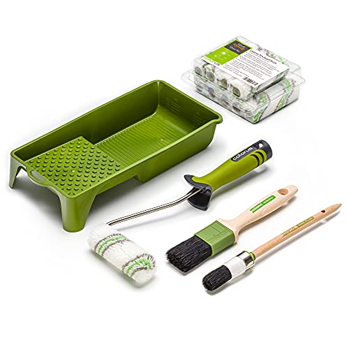 Profi Polyamid Kleinflächenwalzen Set 14 tlg | Farbroller 10 cm 12 mm Flor für Wandfarben, Latexfarben | Ringpinsel Gr. 08 (35 mm), Flachpinsel 40 mm | Farbwanne 15 x 32 cm | Edelstahl Steckbügel von Colorus
