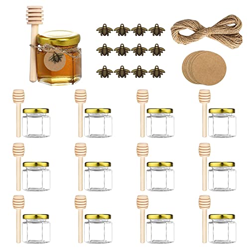 ComPDCVD 12 Stück Hexagon Mini Glas Honiggläser 45 ml Marmeladengläser mit goldenen Deckeln, Holzlöffel, Kraftpapier Etiketten, Bienenanhängern, Jute für Geschenke und Hochzeitsgeschenke ComPDCVD 12 Stück Hexagon Mini Glas Honiggläser 45 ml Marmeladengläser mit goldenen Deckeln, Holzlöffel, Kraftpapier Etiketten, Bienenanhängern, Jute für Geschenke und Hochzeitsgeschenke von ComPDCVD