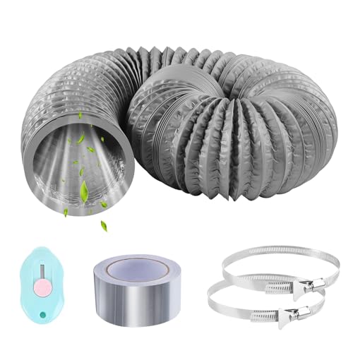 ComPDCVD Abluftschlauch 100mm Länge 3 M PVC Flexibel Alurohr Schlauch Aluminium Aluflexschlauch mit 2 Schlauchschelle Edelstahl für Klimaanlagen Mobile Klimaanlage Wäschetrockner Abzugshaube(Grau) von ComPDCVD