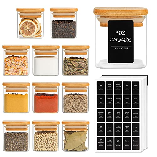 ComSaf 12 Stück Gewürzgläser Set Eckig mit Holzdeckel, 120ml quadratische leere Gewürzflaschen mit 275 schwarzen Etiketten, Gewürzbehälter für Gewürzsalz, Zucker, Kaffeebohnen von ComSaf