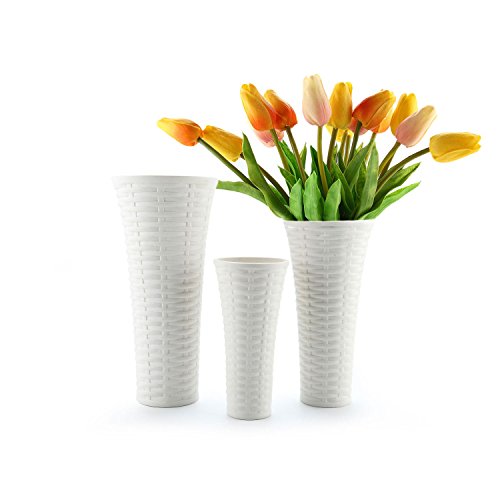ComSaf 20cm Hoch Porzellan Blumenvasen Weiß 3er-Set Vasen, Deko vase mit Webmuster für Wohnzimmer, Büro und Hochzeit Vase für Pampasgras von ComSaf
