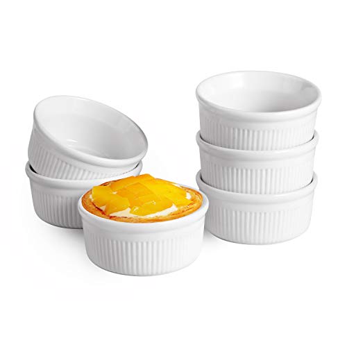 ComSaf 6 Stück Soufflé Förmchen, 175 ml Creme Brulee Schälchen aus Keramik, Mini kleine Auflaufform für Souffle, Creme Brulee, Fondants Muffins - Souffle Förmchen Backofenfest Weiß von ComSaf