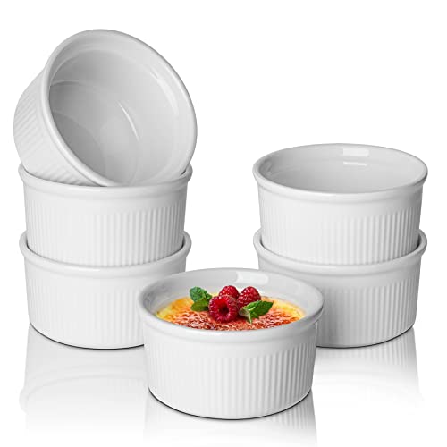 ComSaf 6 Stück Soufflé Förmchen, 235 ml Creme Brulee Schälchen aus Keramik, Mini kleine Auflaufform für Souffle, Creme Brulee, Fondants Muffins - Souffle Förmchen Backofenfest Weiß von ComSaf