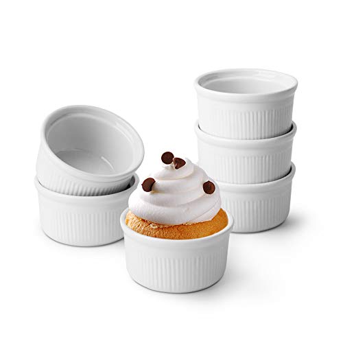 ComSaf 6 Stück Soufflé Förmchen, 85 ml Creme Brulee Schälchen aus Keramik, Mini kleine Auflaufform für Souffle, Creme Brulee, Fondants Muffins - Souffle Förmchen Backofenfest Weiß von ComSaf