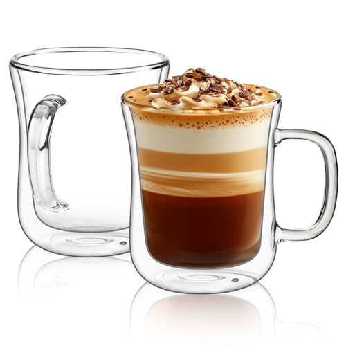 ComSaf Doppelwandige Latte Macchiato Gläser 2x320ml, 2er Set Kaffeetassen Glas aus Borosilikatglas, Kaffeeglas Teegläser mit Henkel für Cappuccino, Latte, Tee, Iced Americano, Milch, Saft, Bier von ComSaf