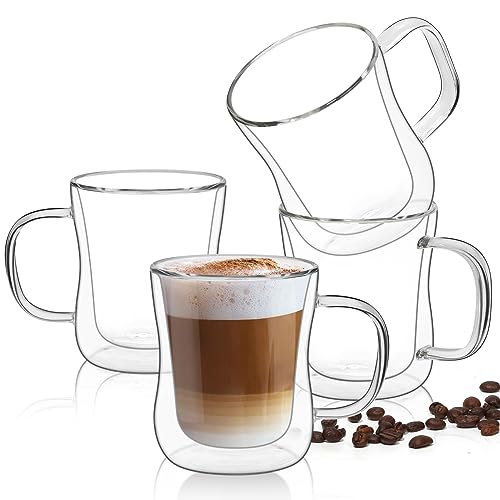 ComSaf Doppelwandige Latte Macchiato Gläser 4x260ml, 4er Set Kaffeetassen Glas aus Borosilikatglas, Kaffeeglas Teegläser mit Henkel, Kaffeegläser für Cappuccino, Latte, Tee, Iced Americano, Milch von ComSaf