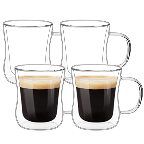 ComSaf Doppelwandige Latte Macchiato Gläser 4x320ml, 4er Set Kaffeetassen Glas aus Borosilikatglas, Kaffeeglas Teegläser mit Henkel für Cappuccino, Latte, Tee, Iced Americano, Milch, Saft, Bier von ComSaf