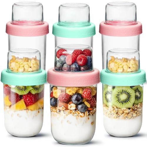 Comsaf 6er Overnight Oats Gläser, 480ml+120ml Müslibecher to go, Joghurtbecher mit Doppelschicht-Design, Trocken- und Nasstrennung Müsli to go Becher, Meal Prep Gläser mit Deckel für Yogurt Porridge von ComSaf