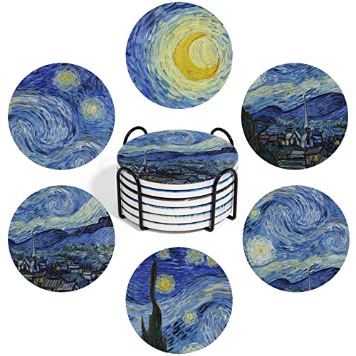 ComSaf Untersetzer Gläser mit Halter 6er-Set Getränkeuntersetzer, Van Gogh Malerei Kunst Untersetzer Keramik, Coasters Geeignet für Couchtisch Geschenk Home Dekoration, Blau tassenuntersetzer 4 Inches von ComSaf