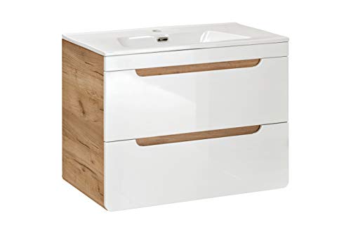 Waschbeckenunterschrank Aruba Weiß, 60 cm, mit Waschbecken, Hängeschrank, Weiß glänzend, moderne Badezimmermöbel von Comad