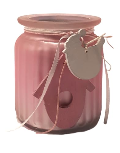 Kerzenhalter aus rosafarbenem satiniertem Glas mit dekorativen Holzanhängern, Durchmesser 7,5 cm, Höhe 9 cm von Comarco Sa