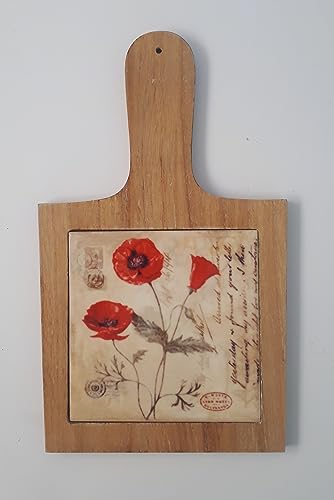 Topfuntersetzer Holz/Keramik mit Griff Dekor Mohnblumen 19 x 33 cm von Pandecor