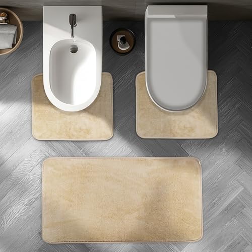 Comart - Badteppich-Set Tahiti - 3 saugfähige Fußmatten: 1 rechteckig 45 x 75 cm + 2 Wasserumschläge 45 x 37,5 cm - Schnell trocknend - Platzsparend - rutschfest - Maschinenwaschbar - Beige von Comart