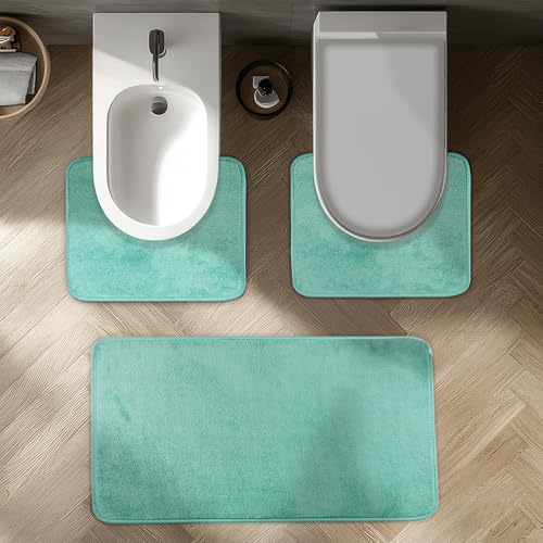 Comart - Badteppich-Set Tahiti - 3 saugfähige Fußmatten: 1 rechteckig 45 x 75 cm + 2 Wasserumschläge 45 x 37,5 cm - schnelltrocknend - platzsparend - rutschfest - Maschinenwaschbar - Türkis von Comart
