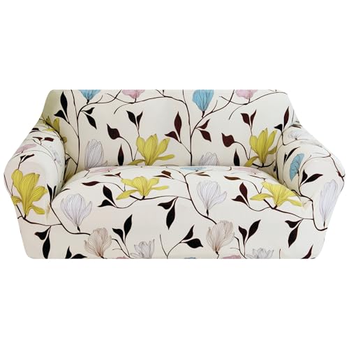 Comart - Fashion Sofabezug – Sofabezug für 4-Sitzer-Sofa – elastisch mit Armlehnen – Rutschfester Bezug – schmutzabweisend und Kratzfest – atmungsaktiv – maschinenwaschbar – cremefarbene Blumen von Comart