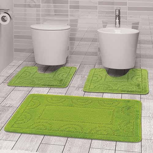 Comart - Nicole Badezimmerteppich-Set - 3-teilig - rechteckiger Teppich 50 x 80 cm + Zwei WC-Vorleger 50 x 40 cm - rutschfest, schnelltrocknend - Atmungsaktiv - Maschinenwaschbar - Grün von Comart
