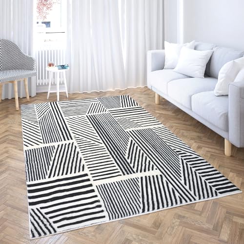 Comart Shedir d'Decor Teppich, Weiß mit schwarzen Streifen, für Wohnzimmer, Badezimmer, Schlafzimmer, 115 x 180 cm von Comart