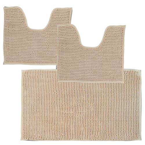 Comart - Tris Badezimmerteppiche Shaggy - Set 3 Badezimmerteppich: 1 rechteckig 45 x 75 cm + 2 WC-Vorleger 45 x 38 cm - Super saugfähig und weich - rutschfest - Maschinenwaschbar - 3D-Textur - Beige von Comart