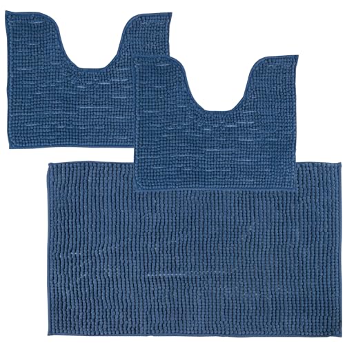 Comart - Tris Badezimmerteppiche Shaggy - Set 3 Badteppich: 1 rechteckig 45 x 75 cm + 2 WC-Vorleger 45 x 38 cm - Super saugfähig und weich - rutschfest - Maschinenwaschbar - 3D-Textur - Blau von Comart