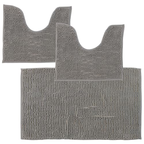 Comart - Tris Badezimmerteppiche Shaggy - Set 3 Badteppich: 1 rechteckig 45 x 75 cm + 2 WC-Vorleger 45 x 38 cm - Super saugfähig und weich - rutschfest - Maschinenwaschbar - 3D-Textur - Grau von Comart