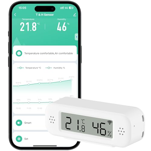 Comboss WLAN Hygrometer Thermometer Innen, Temperaturs- und Feuchtigkeitssensor mit Benachrichtigungsalarm für Remote-Applikationen, kostenloser Datenexport, kompatibel mit Alexa (1 Stück) von Comboss