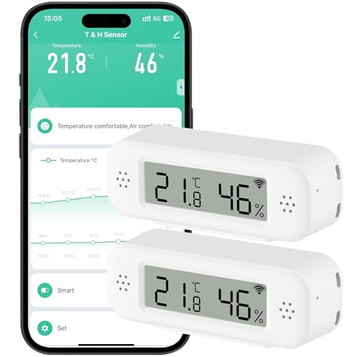 Comboss WLAN Hygrometer Thermometer Innen, Temperaturs- und Feuchtigkeitssensor mit Benachrichtigungsalarm für Remote-Applikationen, kostenloser Datenexport, kompatibel mit Alexa (2 Stück) von Comboss