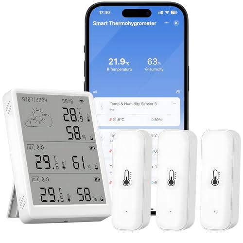 Comboss WiFi-Hygrometer Thermometer Sensor, Temperatur und Luftfeuchtigkeits per App, 100m Reichweite, kompatibel mit Alexa (3 Sensor + Basisstation) von Comboss