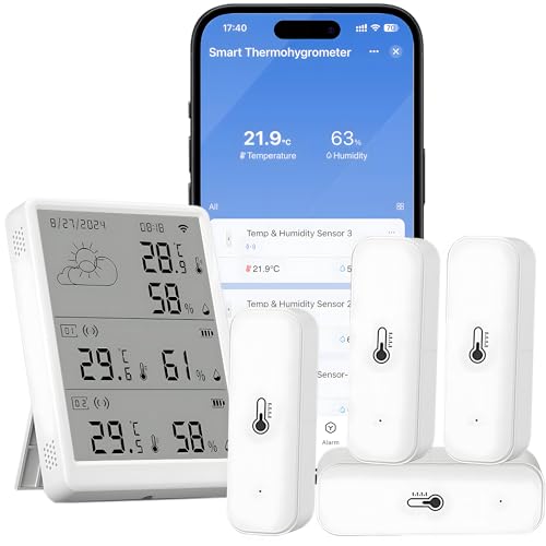 Comboss WiFi-Hygrometer Thermometer Sensor, Temperatur und Luftfeuchtigkeits per App, 100m Reichweite, kompatibel mit Alexa (4 Sensor+Basisstation) von Comboss