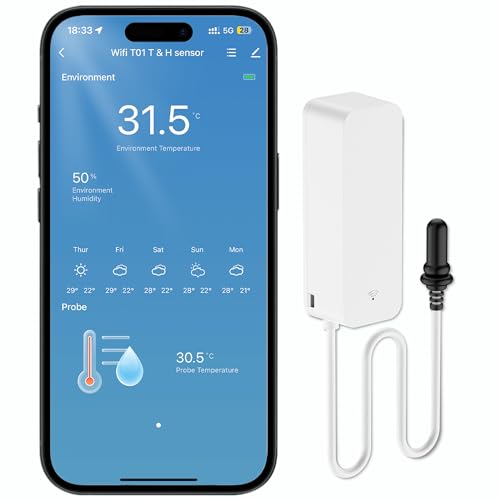 Comboss WiFi-Hygrometer Thermometer-Sensor, Wlan Temperatur Feuchtigkeitssensor Mit Externem Sensor Für Kühlschrank Gefrierschrank ReptilienTerrarium Haustiere Wohnzimmer(1 Stück) von Comboss
