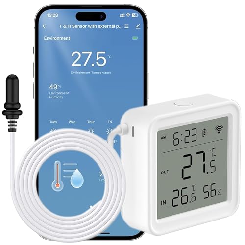 Comboss WiFi-Hygrometer Thermometer-Sensor - kabelloser Temperatur- und Feuchtigkeitssensor für den Innen- und Außenbereich mit externer Sonde von Comboss