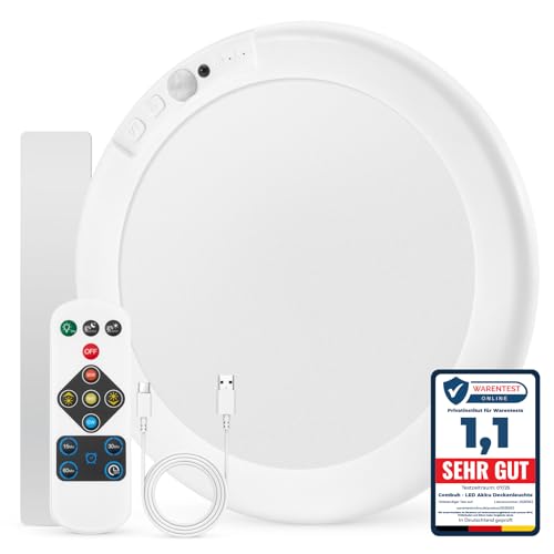 Combuh Led Akku Deckenleuchte Badezimmer mit Bewegungsmelder, Aufladbare Batteriebetriebene Lampe Keller Ohne Stromanschluss, Kabellose Deckenlampen mit Fernbedienung für Garage Flur, Rund 1 Stück von Combuh