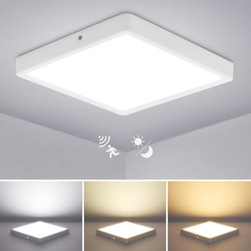 Combuh LED Deckenleuchte mit Bewegungsmelder Dämmerungssensor, 24W 2400LM Ø30CM Quadrat Deckenlampe Bewegungsmelder mit Zeiteinstellungen, 3000K~6000K Ultra Dünn Deckenlampen für Flur Keller Garage von Combuh