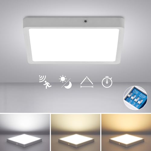 Combuh LED Deckenleuchte mit Bewegungsmelder Lichtsensor, 18W 1800LM Radar Sensor Deckenlampe mit Zeiteinstellungen und Erfassungsabstand Einstellbar, 3000K~6000K Deckenlampen für Flur Keller Ø22,5CM von Combuh