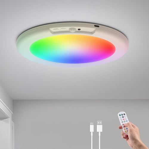 Combuh Led Akku Deckenleuchte mit Bewegungsmelder, Aufladbare Batteriebetriebene RGB Lampe Ohne Stromanschluss, Kabellose Deckenlampen mit Fernbedienung, für Badezimmer Keller Garage Flur, 1 Stück von Combuh