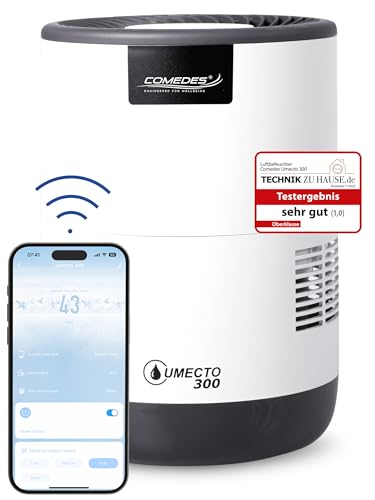 Comedes Umecto 300, für Räume bis 45m², Kaltverdunstung, Tank 2,8 l, Befeuchtungsleistung bis zu 300 ml/h, 3 Farben Luftfeuchtigkeitsindikator, Automatikmodus, Smart-Home fähig von Comedes