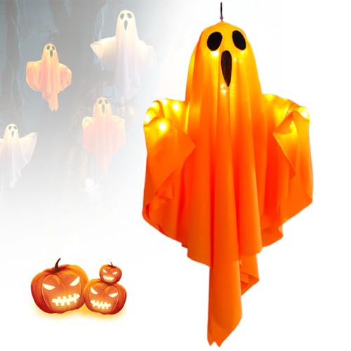 ComedyKing Halloween Deko Geister, 2025 Neu 3-Fach Einstellbare Beleuchtung Hängende Geister mit Lichterketten, Batteriebetrieb Halloween Deko für Vorgarten Patio Rasen (Orange, 1PCS) von ComedyKing