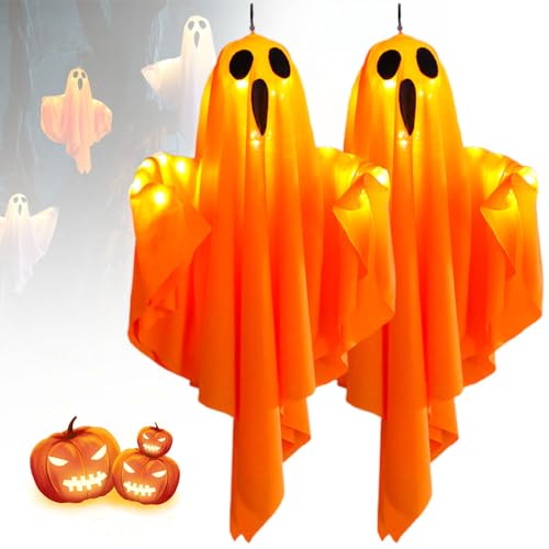 ComedyKing Halloween Deko Geister, 2025 Neu 3-Fach Einstellbare Beleuchtung Hängende Geister mit Lichterketten, Batteriebetrieb Halloween Deko für Vorgarten Patio Rasen (Orange, 2PCS) von ComedyKing