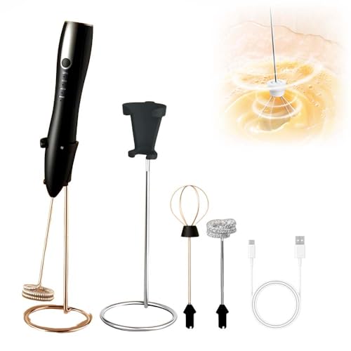 Elektrische Milchaufschäumer, Handheld Milchschäumer Stab für Kaffee, Wiederaufladbarer Milchaufschäumer, Tragbarer Mixer Milk Frother Mit 2 Ersatzköpfen für Matcha, Latte, Luna (Schwarz) von ComedyKing