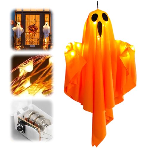 Halloween Deko Geister, 2025 Dekoration 3-Fach Einstellbare Beleuchtung Hängende Geister mit Lichterketten, Batteriebetrieb Halloween Deko für Vorgarten Patio Rasen (Orange) von ComedyKing