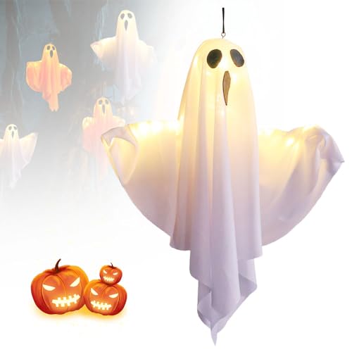 Halloween Deko Geister, 2025 Neu 3-Fach Einstellbare Beleuchtung Hängende Geister mit Lichterketten, Batteriebetrieb Halloween Deko für Vorgarten Patio Rasen (Weiß, 1PCS) von ComedyKing