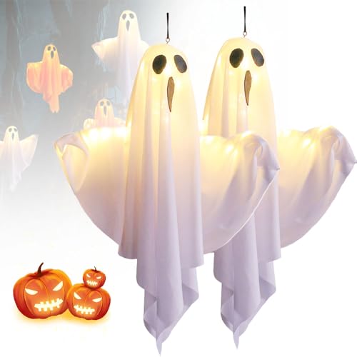Halloween Deko Geister, 2025 Neu 3-Fach Einstellbare Beleuchtung Hängende Geister mit Lichterketten, Batteriebetrieb Halloween Deko für Vorgarten Patio Rasen (Weiß, 2PCS) von ComedyKing