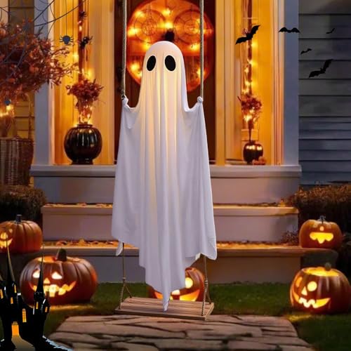 Halloween Deko Outdoor 2025 Neu Hängende Schaukeln Geister Halloween Deko mit Lichterketten, Batteriebetrieb für Vorgarten Patio Rasen von ComedyKing