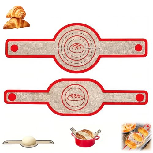 Silikon Backmatte Brotschlinge, 2 Stück Brot Backen Zubehör, Wiederverwendbare Silikon Backmatte Brot mit Langen Griffen für Brottopf, Backmatte Brot, Bread Mat Oval und Rund (Rot) von ComedyKing