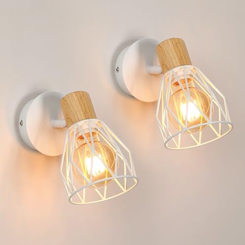 Comely 2 Stück Wandleuchte Innen Vintage, Wandlampe Industrial aus Metall und Holz mit E27 Fassung, 350° Drehbare Weiße Wandbeleuchtung für Schlafzimmer Wohnzimmer Flur Treppenhaus von Comely