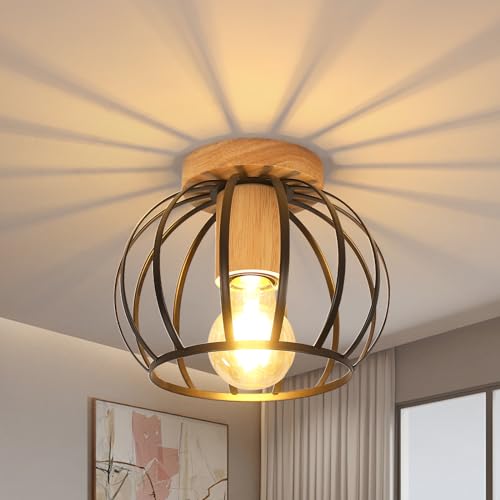 Comely Deckenleuchte Vintage, Industrial Deckenlampe E27 in Käfigform, Kronleuchter Modern Metal mit Holzsockel für Flur Schlafzimmer Küche Balkon Eingang, Schwarz Comely Deckenleuchte Vintage, Industrial Deckenlampe E27 in Käfigform, Kronleuchter Modern Metal mit Holzsockel für Flur Schlafzimmer Küche Balkon Eingang, Schwarz von Comely