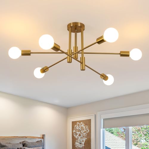 Comely Kronleuchter Moderne, 6-Flammig E27 Sockel Vintage Gold Deckenleuchte, Industrielle Hängelampe Deckenlampe für Wohnzimmer Schlafzimmer Esszimmer Flur von Comely